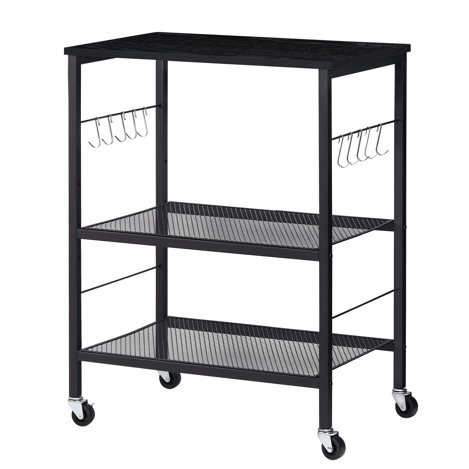 3-Tier Rolling Microwave Stand - Rustic Industrial Baker's Rack with 10 Hooks for Kitchen Storage