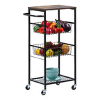 4-Tier Rolling Fruit & Vegetable Basket Cart - Mesh Wire Storage Trolley with Wood Top and Side Handle