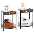 Set of 2 Industrial Nightstands with Charging Station - Side Tables with AC Outlets, Drawer, and Wire Basket