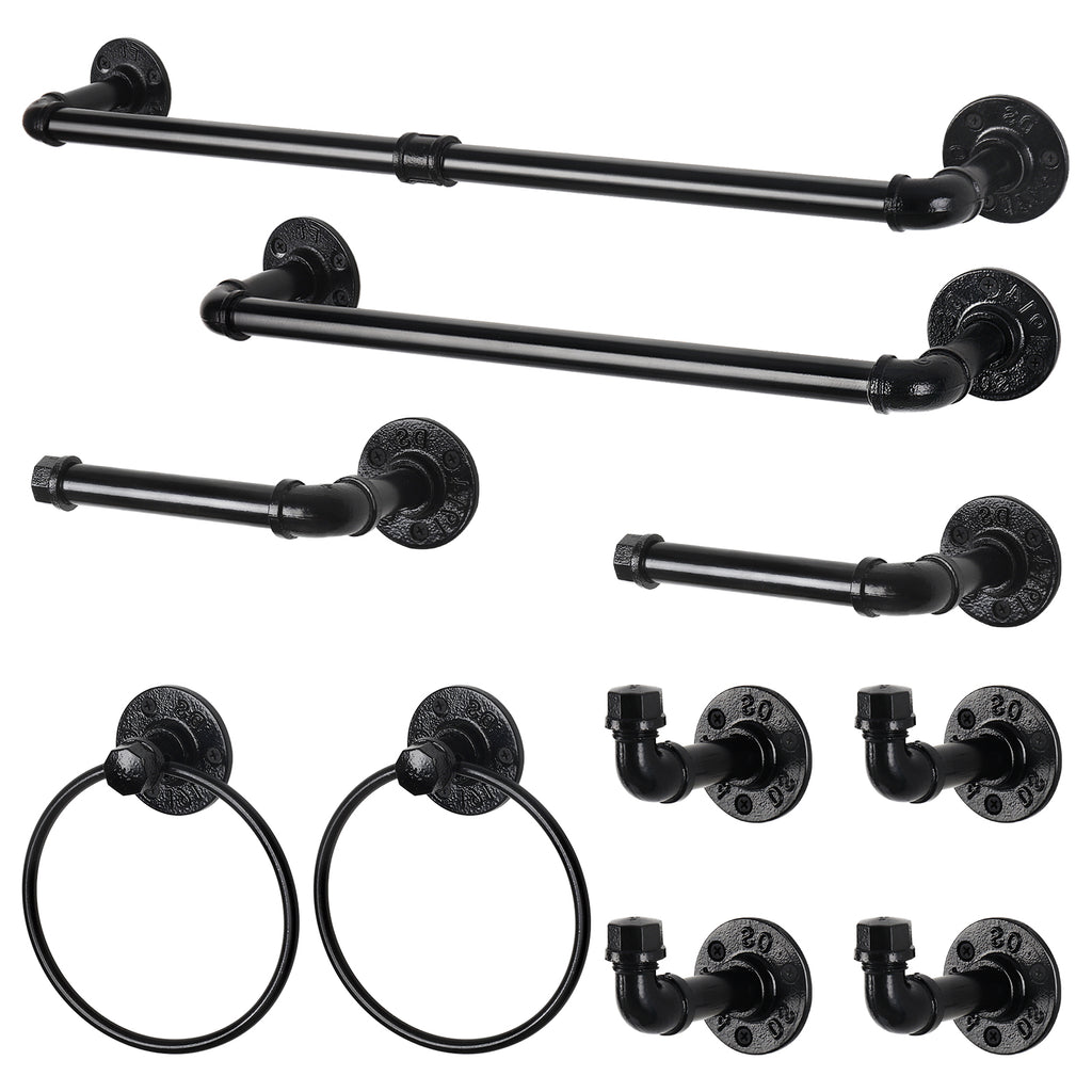 10-Piece Industrial Pipe Bathroom Hardware Set - Matte Black Towel Bar, Towel Ring, and Robe Hooks