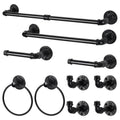 10-Piece Industrial Pipe Bathroom Hardware Set - Matte Black Towel Bar, Towel Ring, and Robe Hooks