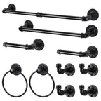 10-Piece Industrial Pipe Bathroom Hardware Set - Matte Black Towel Bar, Towel Ring, and Robe Hooks