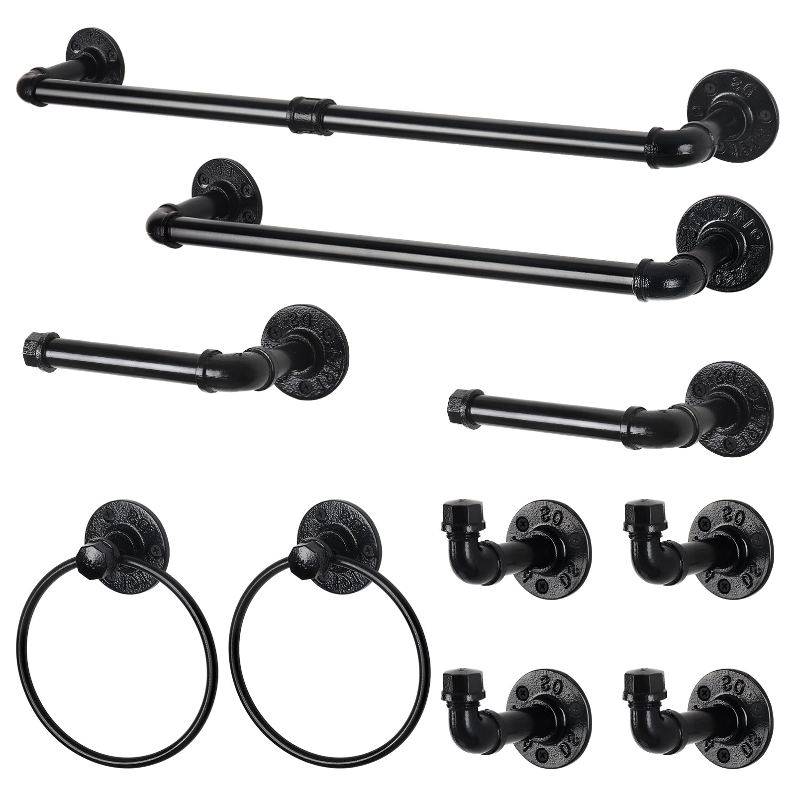 10-Piece Industrial Pipe Bathroom Hardware Set - Matte Black Towel Bar, Towel Ring, and Robe Hooks