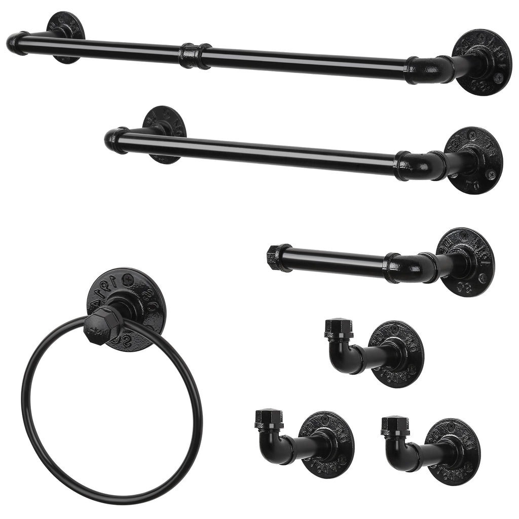 10/7-Piece Industrial Pipe Bathroom Hardware Set - Matte Black Towel Bar, Towel Ring, and Robe Hooks