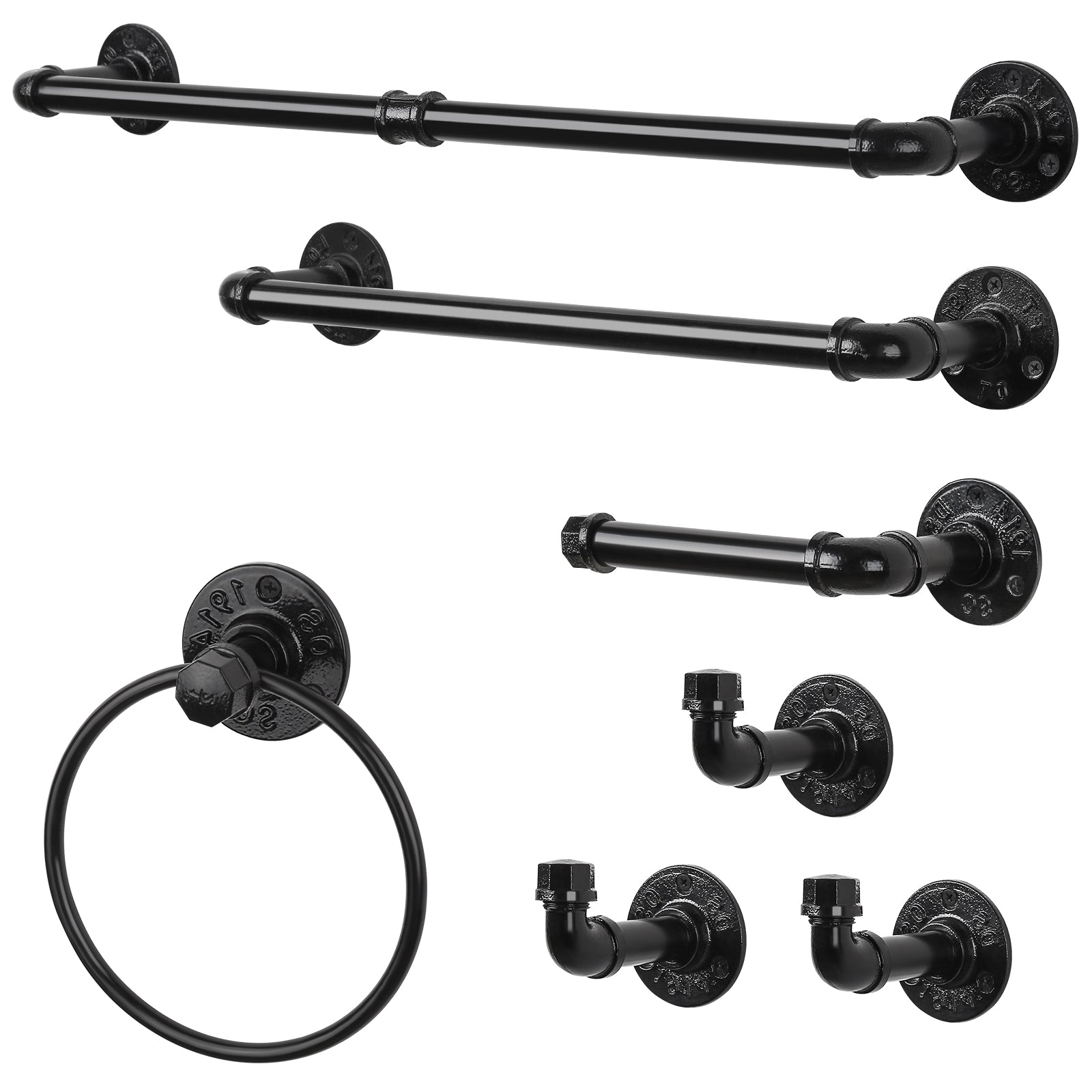 10/7-Piece Industrial Pipe Bathroom Hardware Set - Matte Black Towel Bar, Towel Ring, and Robe Hooks