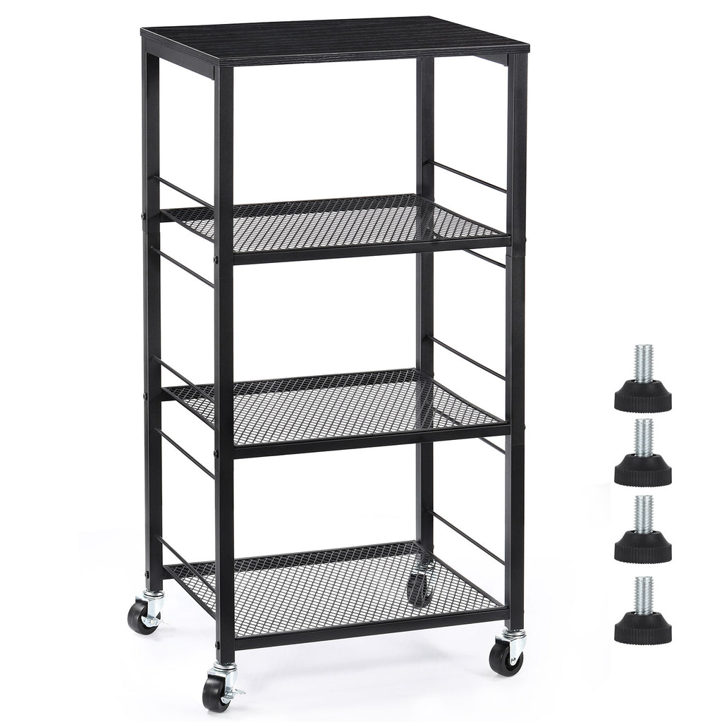 4-Tier Rolling Kitchen Cart with Wood Tabletop, Industrial Microwave Stand on Wheels with 3 Mesh Storage Shelves, Slim Utility Cart & Serving Bar for Small Spaces, Office, Pantry, Bathroom, Black