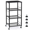 4-Tier Rolling Kitchen Cart with Wood Tabletop, Industrial Microwave Stand on Wheels with 3 Mesh Storage Shelves, Slim Utility Cart & Serving Bar for Small Spaces, Office, Pantry, Bathroom, Black