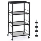 4-Tier Rolling Kitchen Cart with Wood Tabletop, Industrial Microwave Stand on Wheels with 3 Mesh Storage Shelves, Slim Utility Cart & Serving Bar for Small Spaces, Office, Pantry, Bathroom, Black