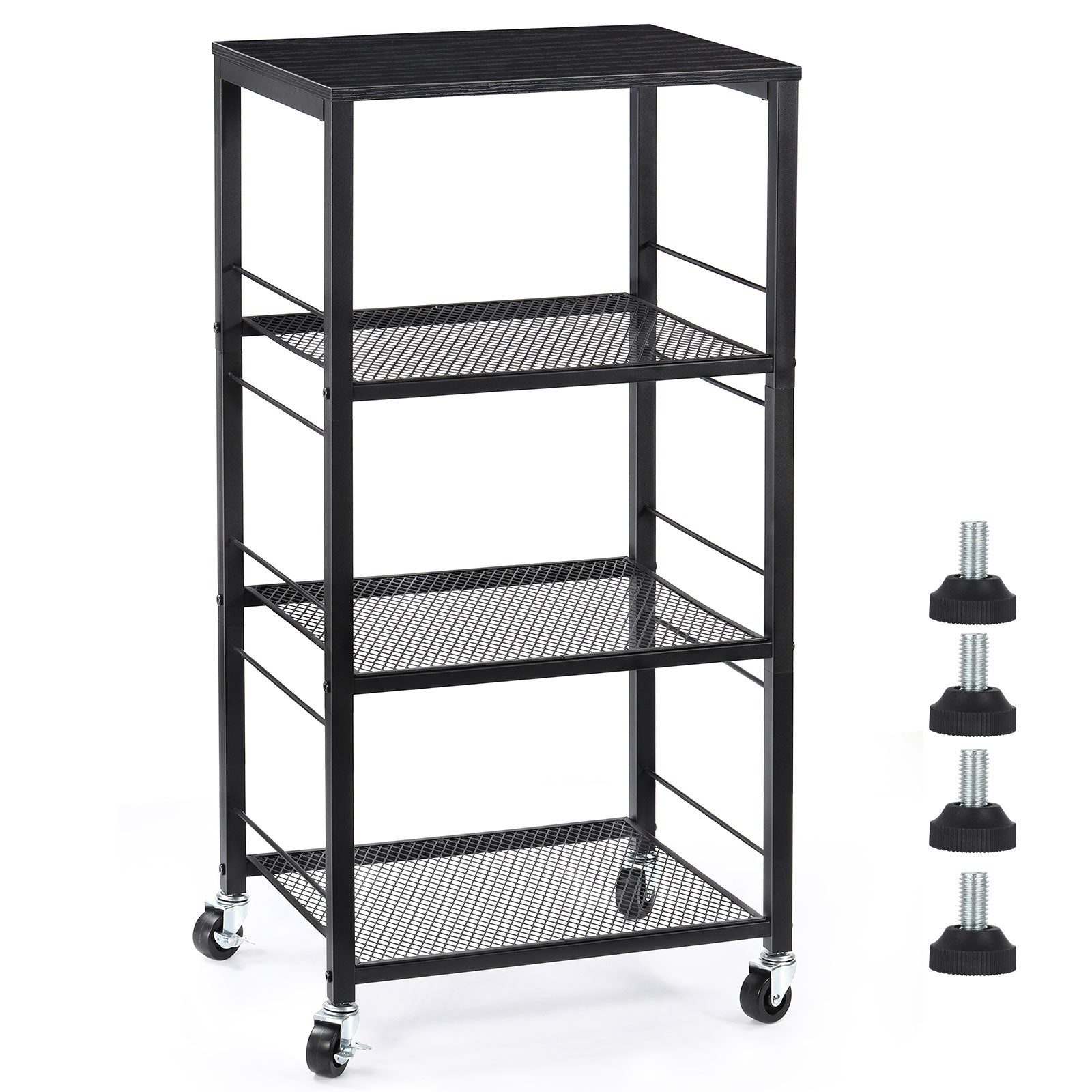 4-Tier Rolling Kitchen Cart with Wood Tabletop, Industrial Microwave Stand on Wheels with 3 Mesh Storage Shelves, Slim Utility Cart & Serving Bar for Small Spaces, Office, Pantry, Bathroom, Black