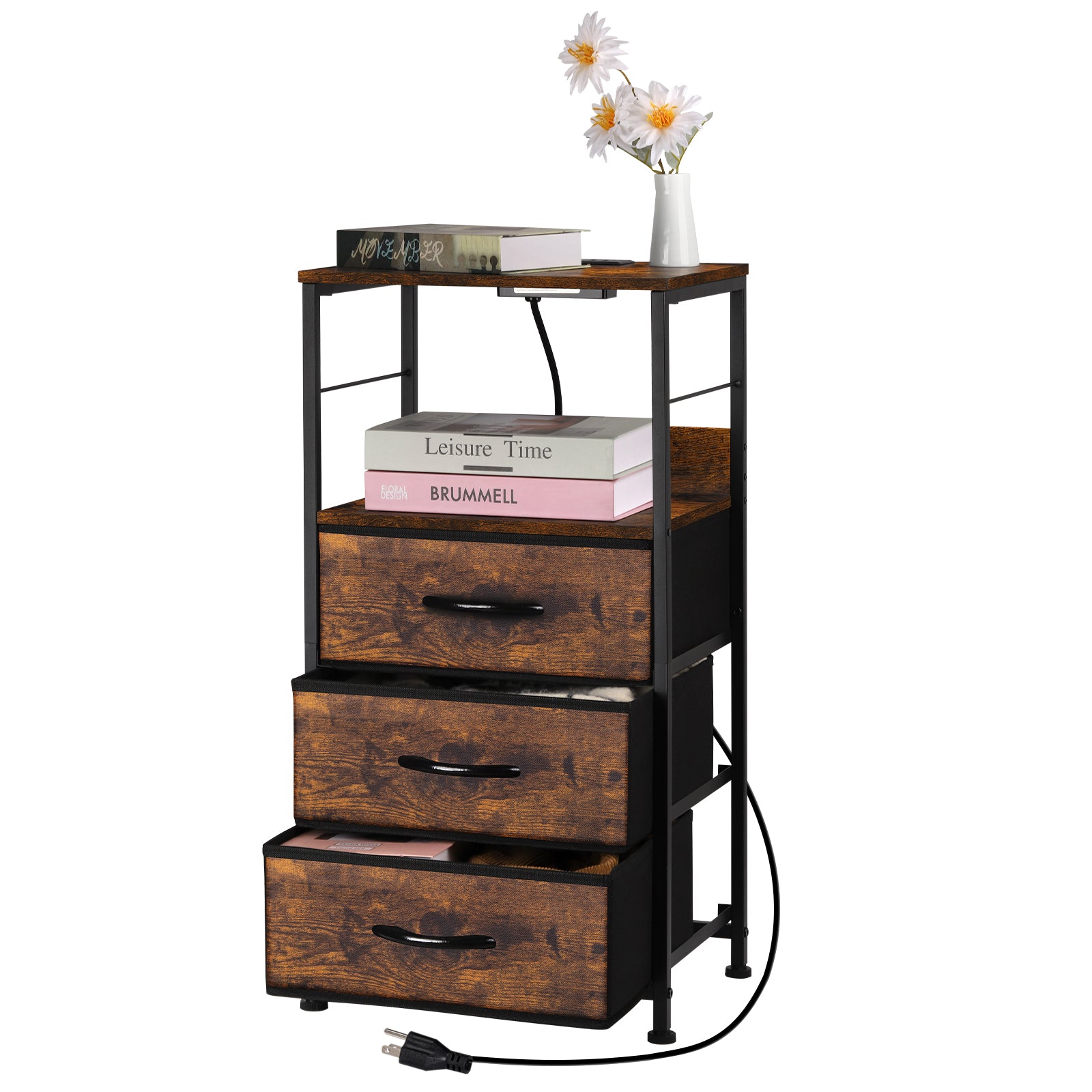 3-Drawer Tall Nightstand with Charging Station - Bedside Table with USB & Outlets for Bedroom, Black,