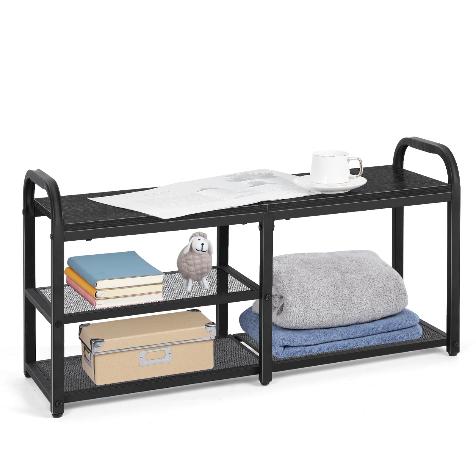 Industrial Shoe Rack Bench with Mesh Shelves - Entryway Storage Bench for Hallway & Mudroom, Black