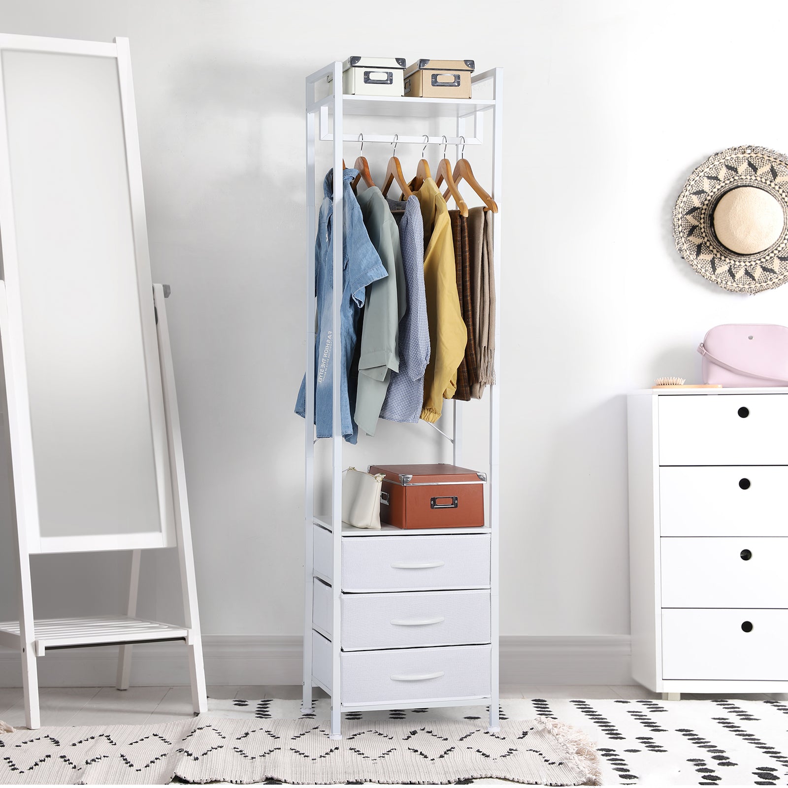 Heavy-Duty Garment Rack with 3 Fabric Drawers - Freestanding Clothes Closet Stand with Top Storage Shelf
