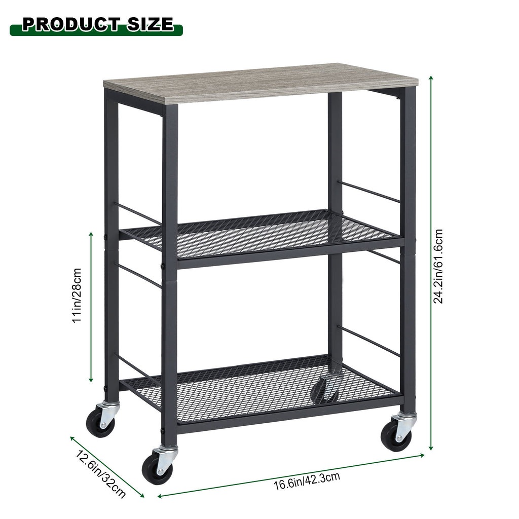 3-Tier Black Rolling Side Table with Wheels, Industrial End Table with Storage Shelves, Mobile Nightstand for Small Spaces, Bedroom, Living Room, Kitchen & Office