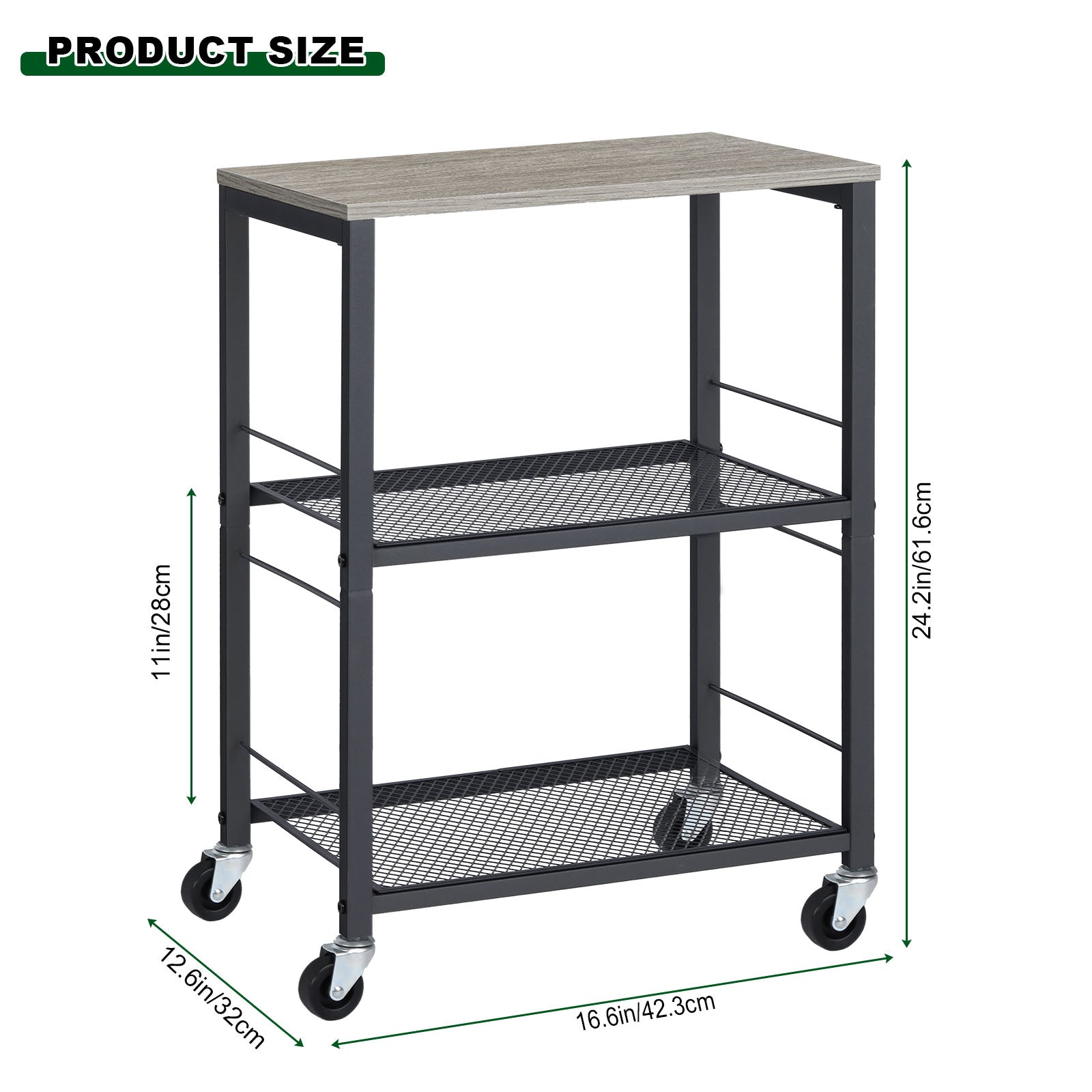 3-Tier Black Rolling Side Table with Wheels, Industrial End Table with Storage Shelves, Mobile Nightstand for Small Spaces, Bedroom, Living Room, Kitchen & Office