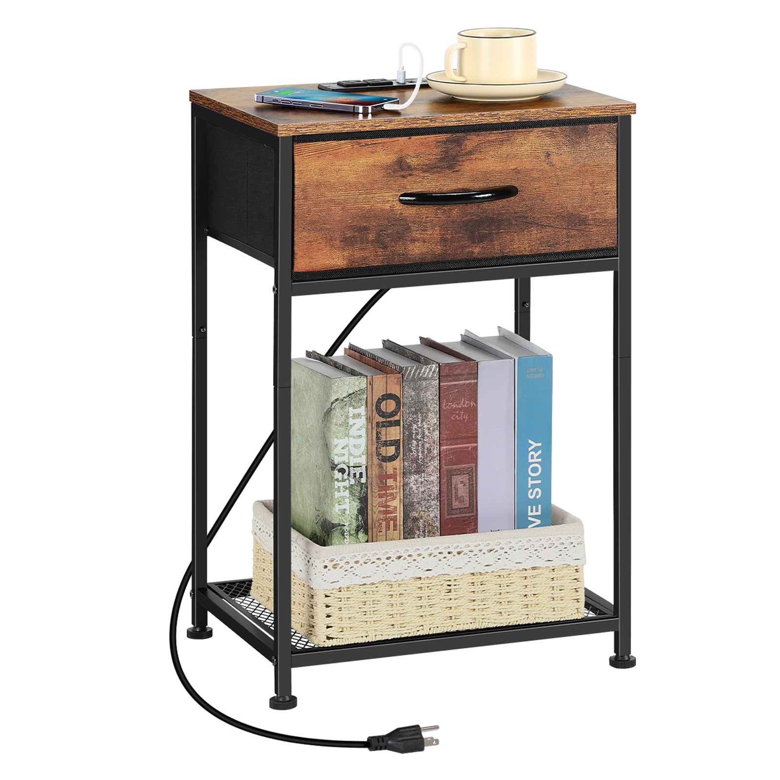 2-Pack Nightstands with Charging Station -Small Bedside Tables with Fabric Drawer for Bedroom