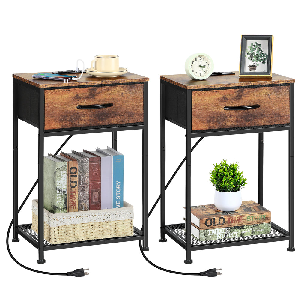 Set of 2 Farmhouse Nightstands with Charging Station, Rustic Brown Industrial End Tables with Fabric Drawer and Mesh Shelf for Bedroom, Living Room
