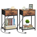 Set of 2 Farmhouse Nightstands with Charging Station, Rustic Brown Industrial End Tables with Fabric Drawer and Mesh Shelf for Bedroom, Living Room