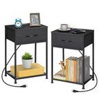 Set of 2 Farmhouse Nightstands with Charging Station, Rustic Brown Industrial End Tables with Fabric Drawer and Mesh Shelf for Bedroom, Living Room