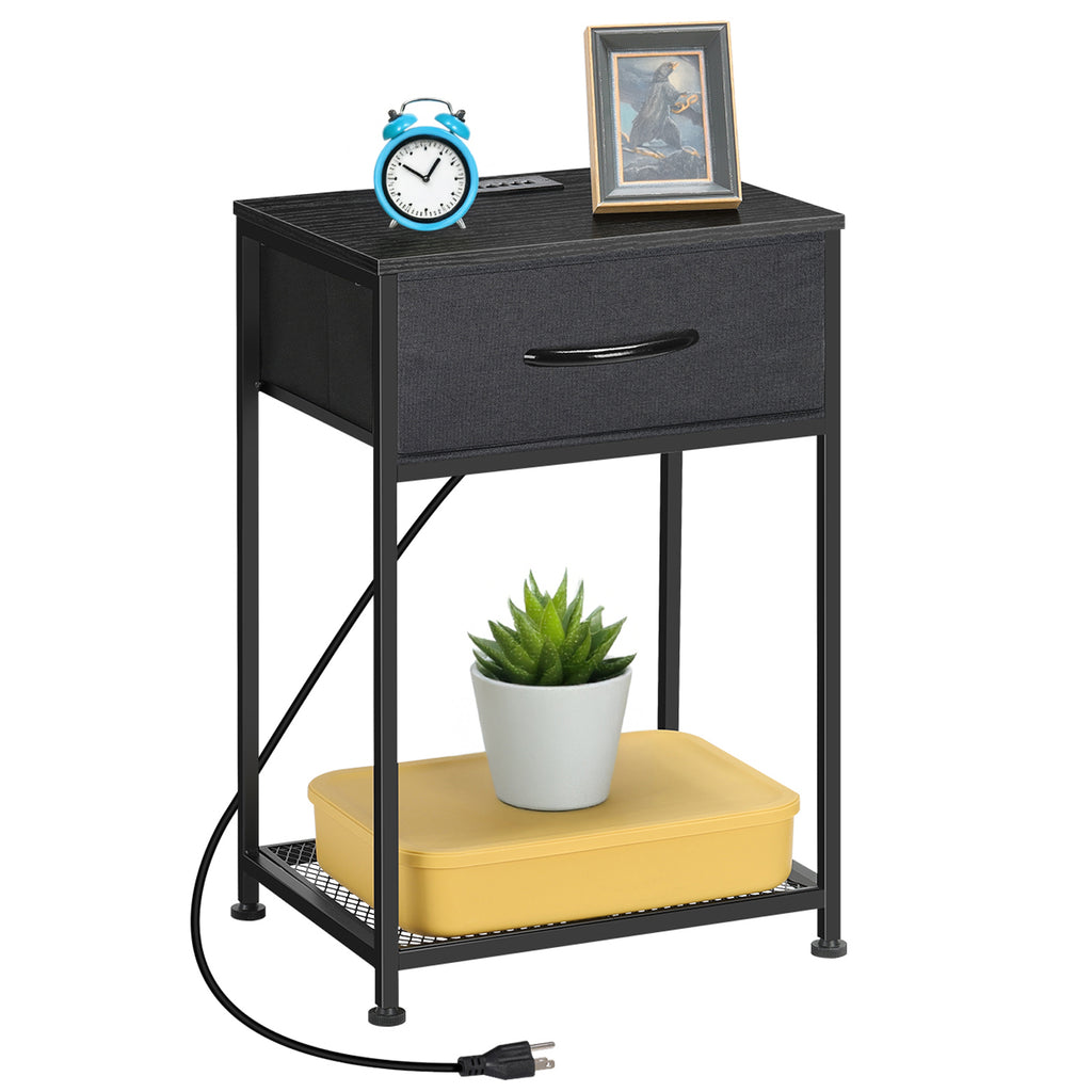 Set of 2 Farmhouse Nightstands with Charging Station, Rustic Brown Industrial End Tables with Fabric Drawer and Mesh Shelf for Bedroom, Living Room