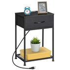 Set of 2 Farmhouse Nightstands with Charging Station, Rustic Brown Industrial End Tables with Fabric Drawer and Mesh Shelf for Bedroom, Living Room