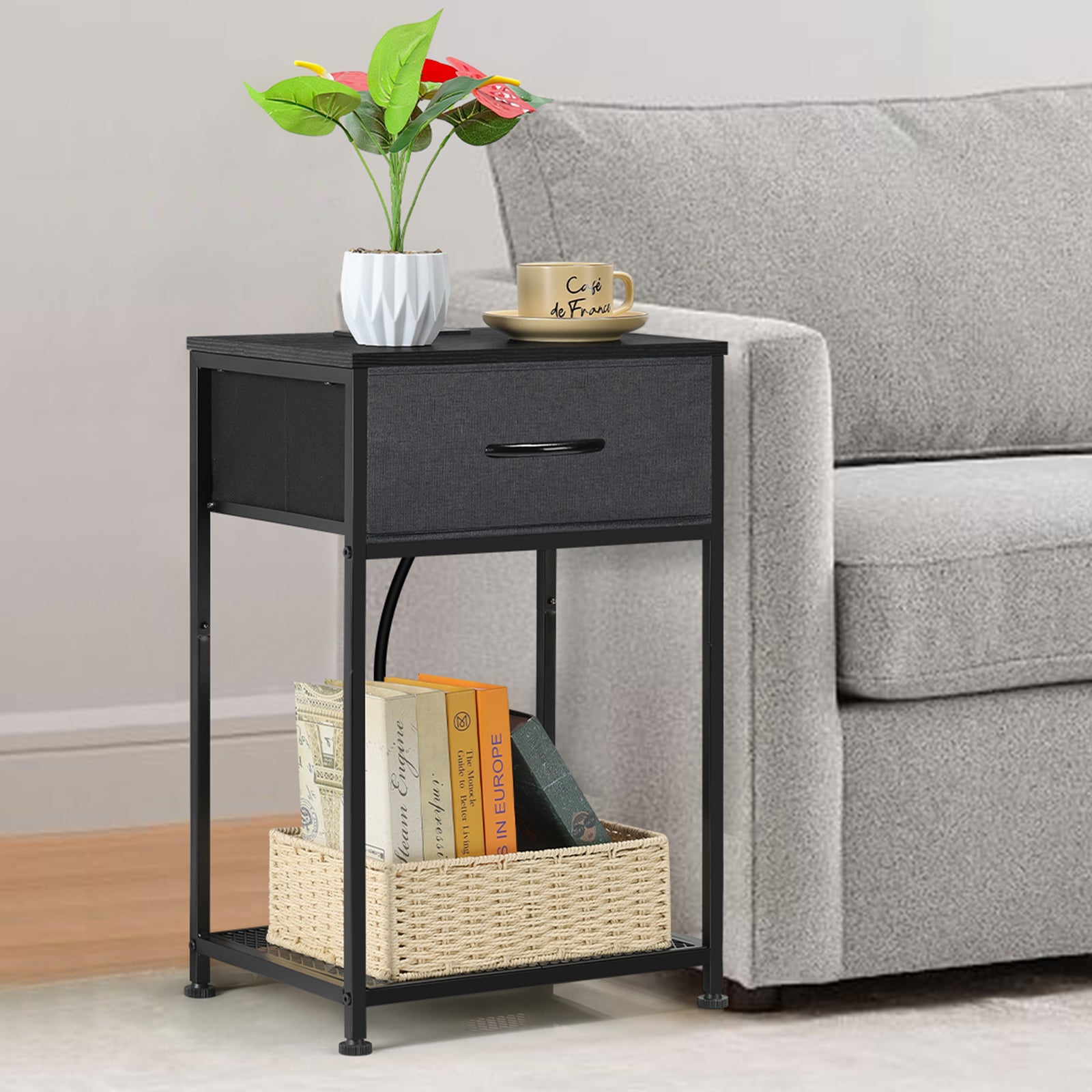 2-Pack Nightstands with Charging Station -Small Bedside Tables with Fabric Drawer for Bedroom