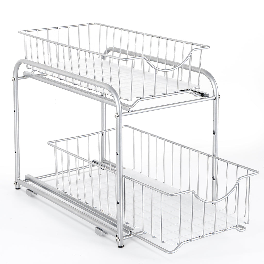 2-Tier Sliding Under Sink Organizer - Stackable Metal Basket Storage Drawer for Kitchen & Bathroom