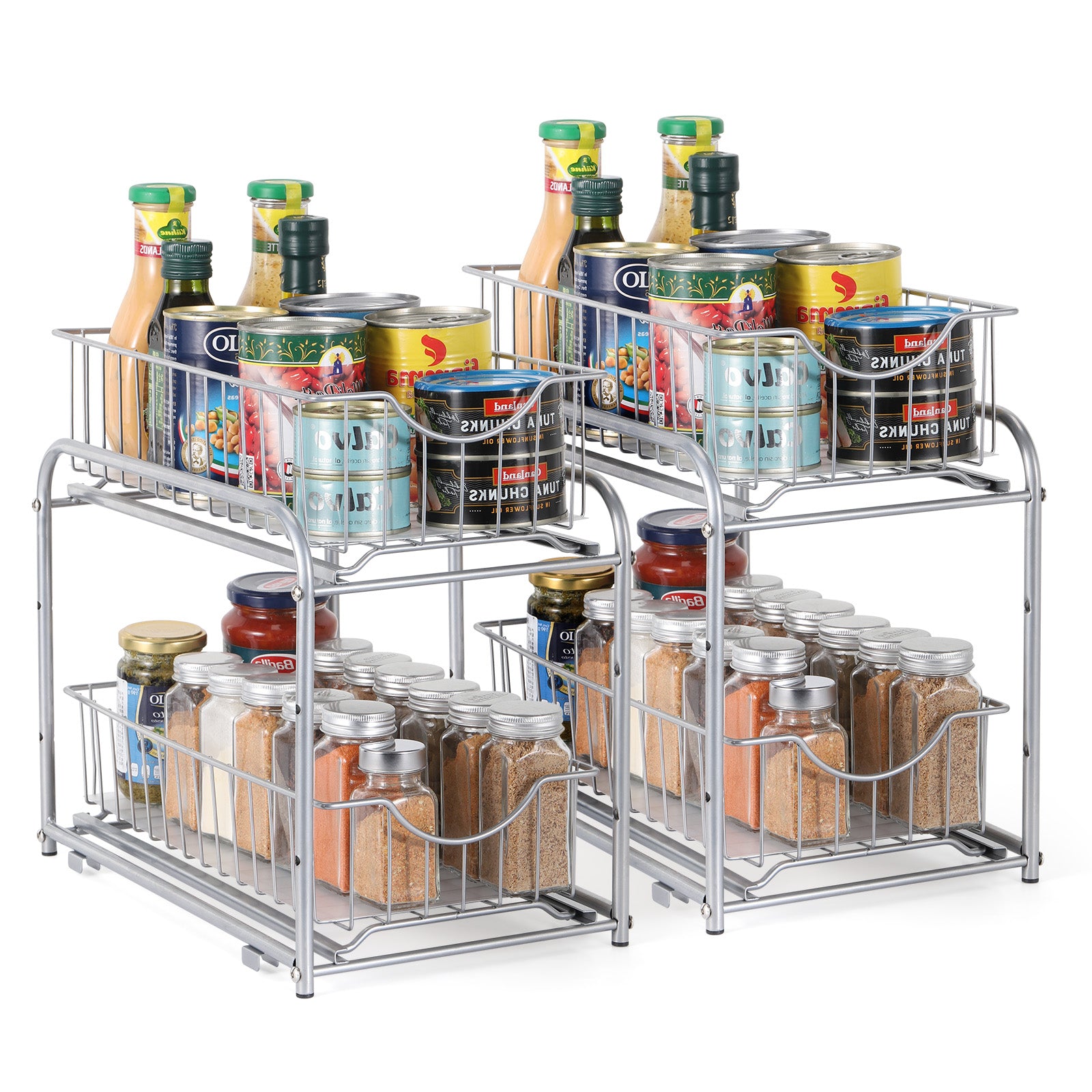 2-Tier Sliding Under Sink Organizer - Stackable Metal Basket Storage Drawer for Kitchen & Bathroom