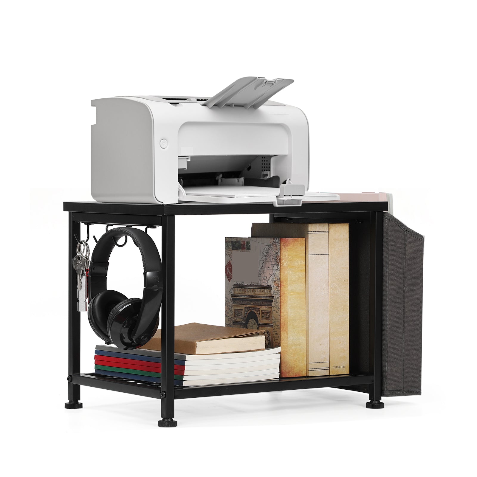 Under-Desk Printer Stand with Storage Bag - Desktop Fax/Scanner Shelf with Side Hooks and Adjustable Feet