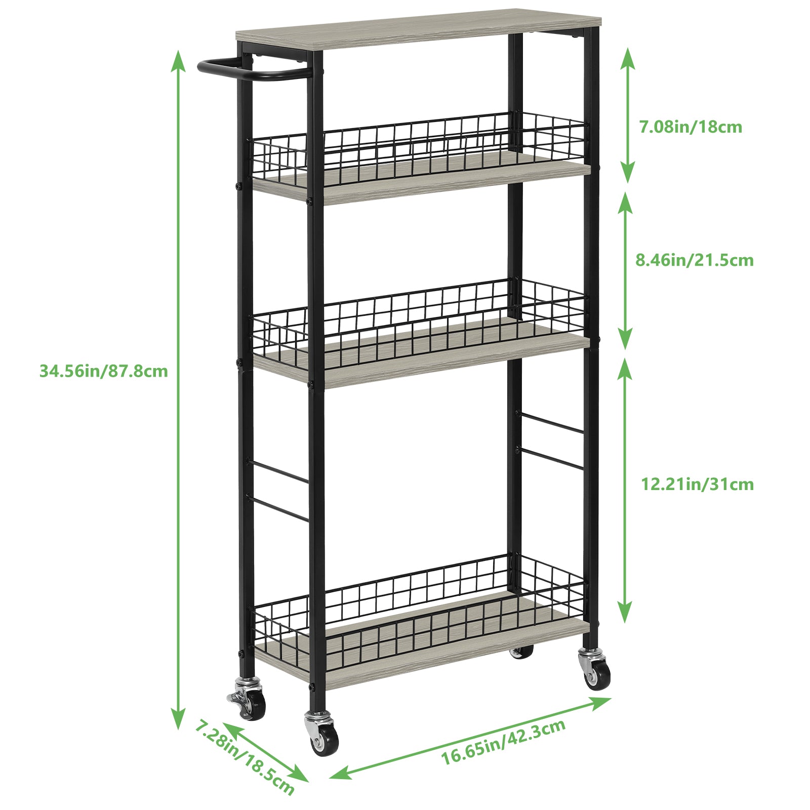 4-Tier Slim Rolling Cart | 7.3" Narrow Slide-Out Pantry Organizer with Rustic Wood Top