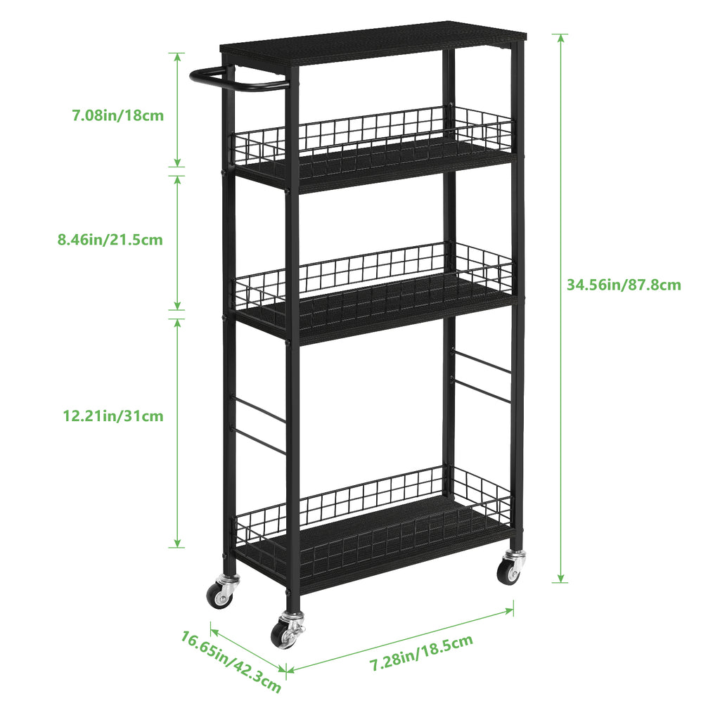 4-Tier Slim Rolling Cart | 7.3" Narrow Slide-Out Pantry Organizer with Rustic Wood Top