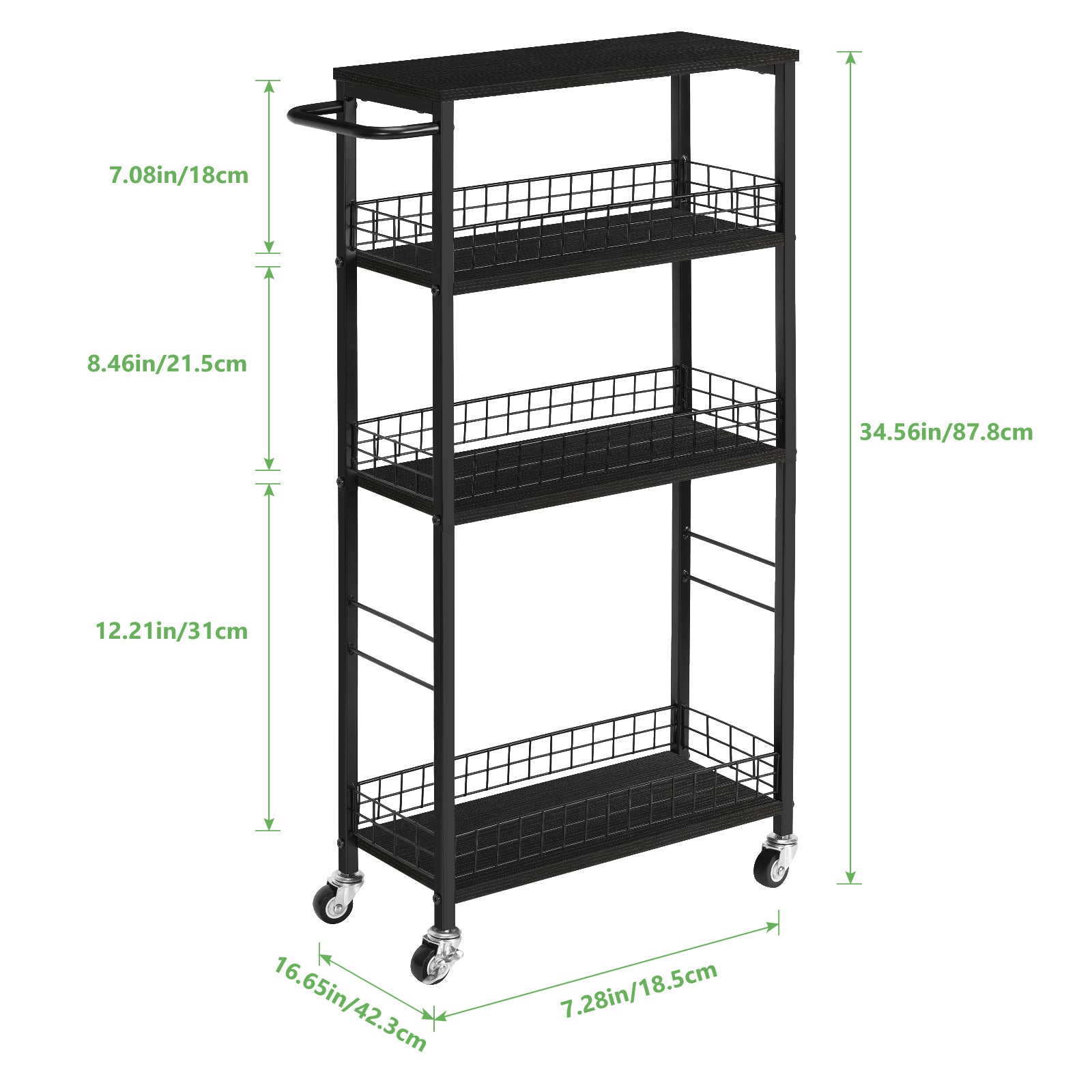 4-Tier Slim Rolling Cart | 7.3" Narrow Slide-Out Pantry Organizer with Rustic Wood Top