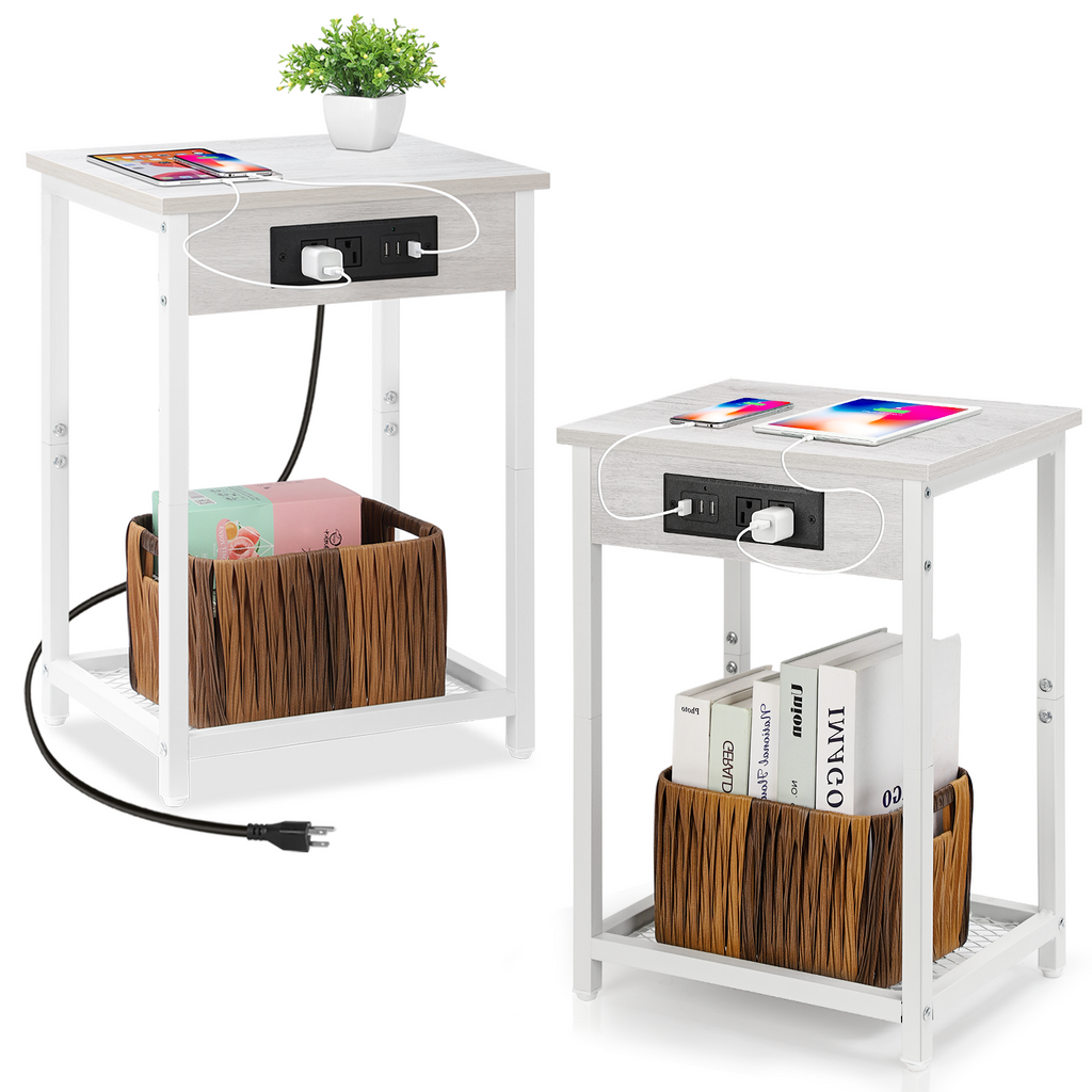 Set of 2 Nightstands with Charging Station - Side Tables with USB Ports & AC Outlets for Bedroom, Black,