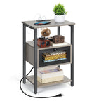 Black Nightstand with Charging Station, 3-Tier End Table with Drawer & USB Ports, for Bedroom & Living Room
