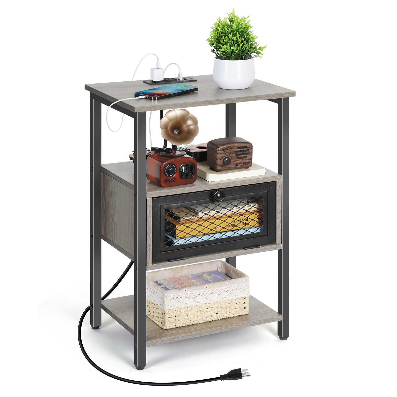 Black Nightstand with Charging Station, 3-Tier End Table with Drawer & USB Ports, for Bedroom & Living Room