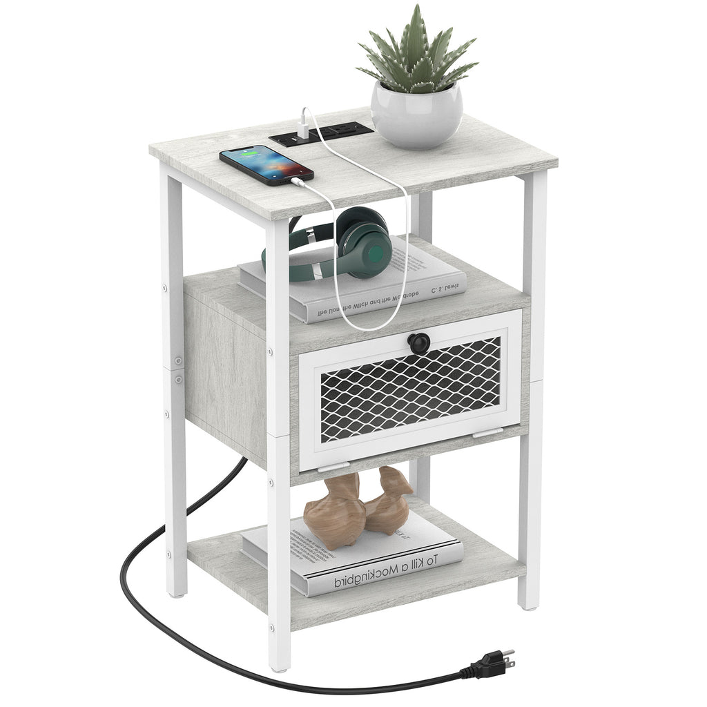 Black Nightstand with Charging Station, 3-Tier End Table with Drawer & USB Ports, for Bedroom & Living Room