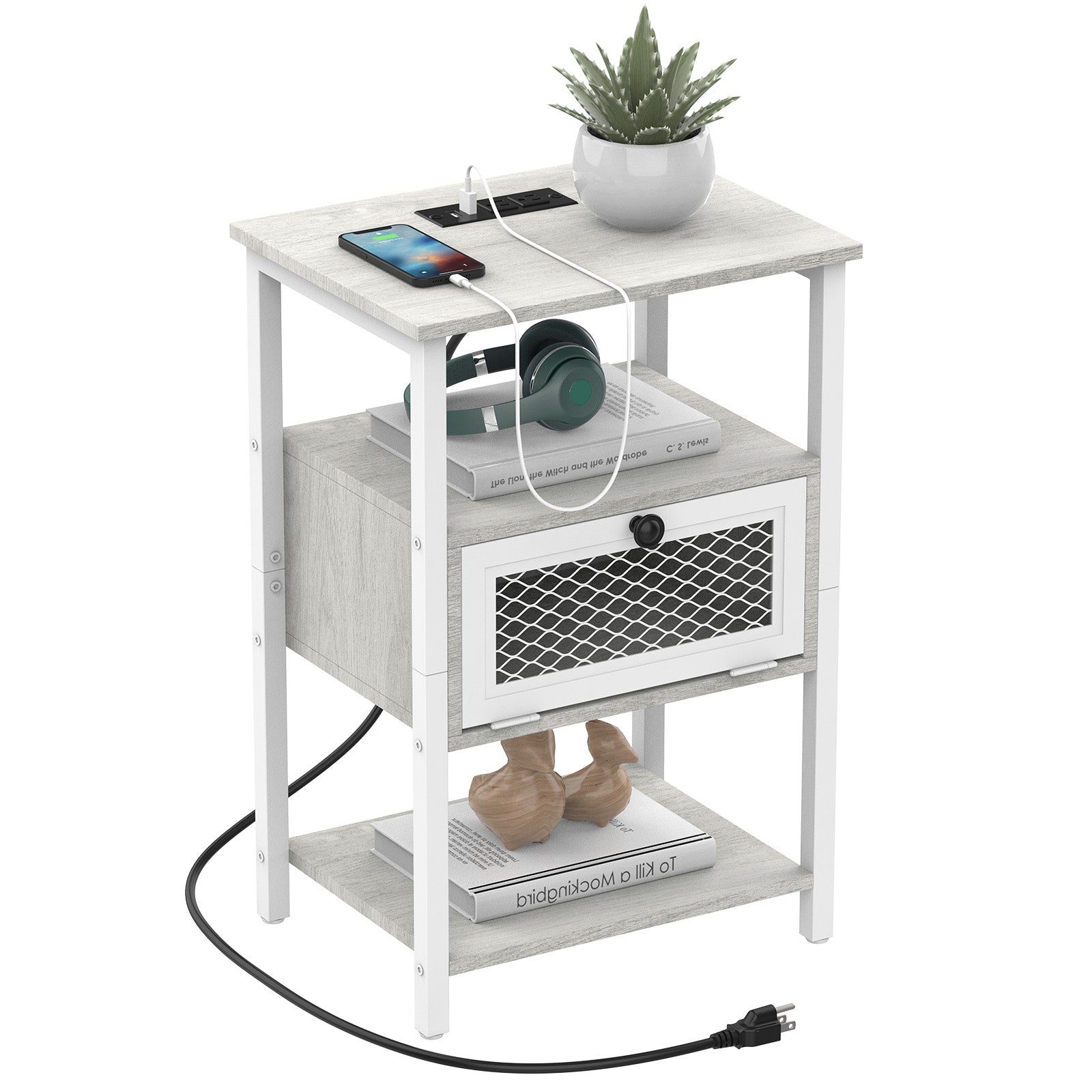 Black Nightstand with Charging Station, 3-Tier End Table with Drawer & USB Ports, for Bedroom & Living Room