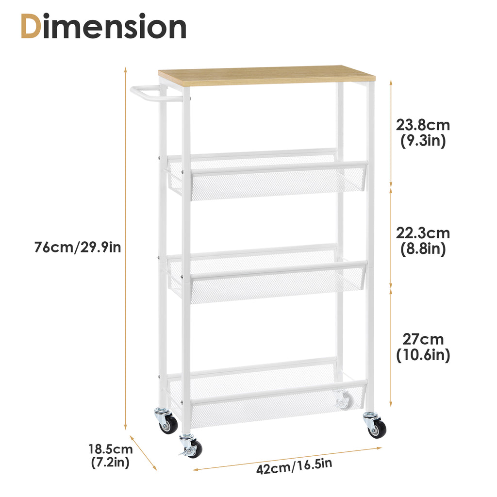 4-Tier Slim Storage Trolley Cart - Narrow Rolling Organizer Unit on Wheels, Mesh Baskets