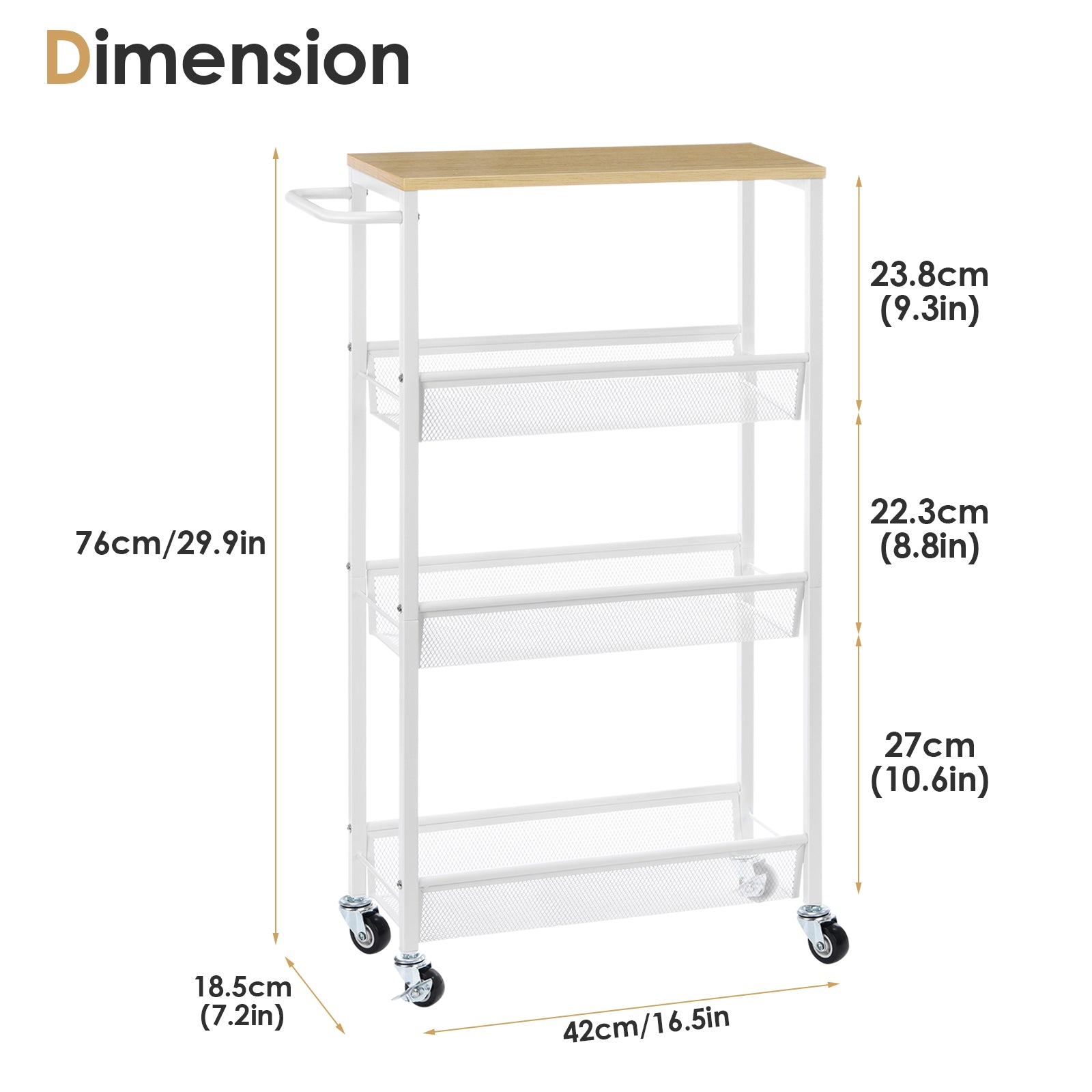 4-Tier Slim Storage Trolley Cart - Narrow Rolling Organizer Unit on Wheels, Mesh Baskets