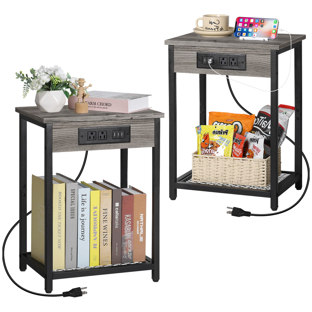Set of 2 Nightstands with Charging Station - Side Tables with USB Ports & AC Outlets for Bedroom, Black,