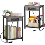 Set of 2 Nightstands with Charging Station - Side Tables with USB Ports & AC Outlets for Bedroom, Black,