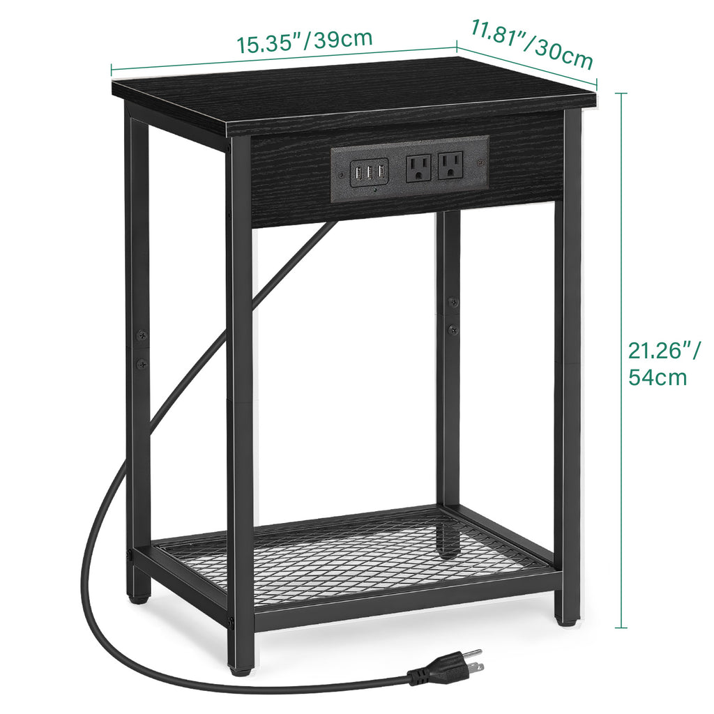 Set of 2 Nightstands with Charging Station - Side Tables with USB Ports & AC Outlets for Bedroom, Black,