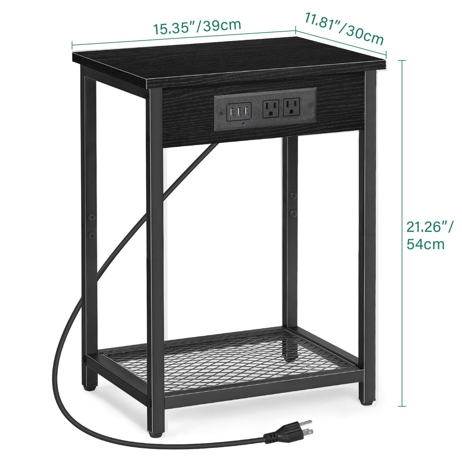 Set of 2 Nightstands with Charging Station - Side Tables with USB Ports & AC Outlets for Bedroom, Black,