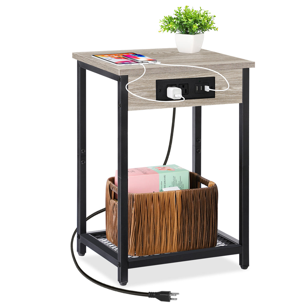 Set of 2 Nightstands with Charging Station - Side Tables with USB Ports & AC Outlets for Bedroom, Black,