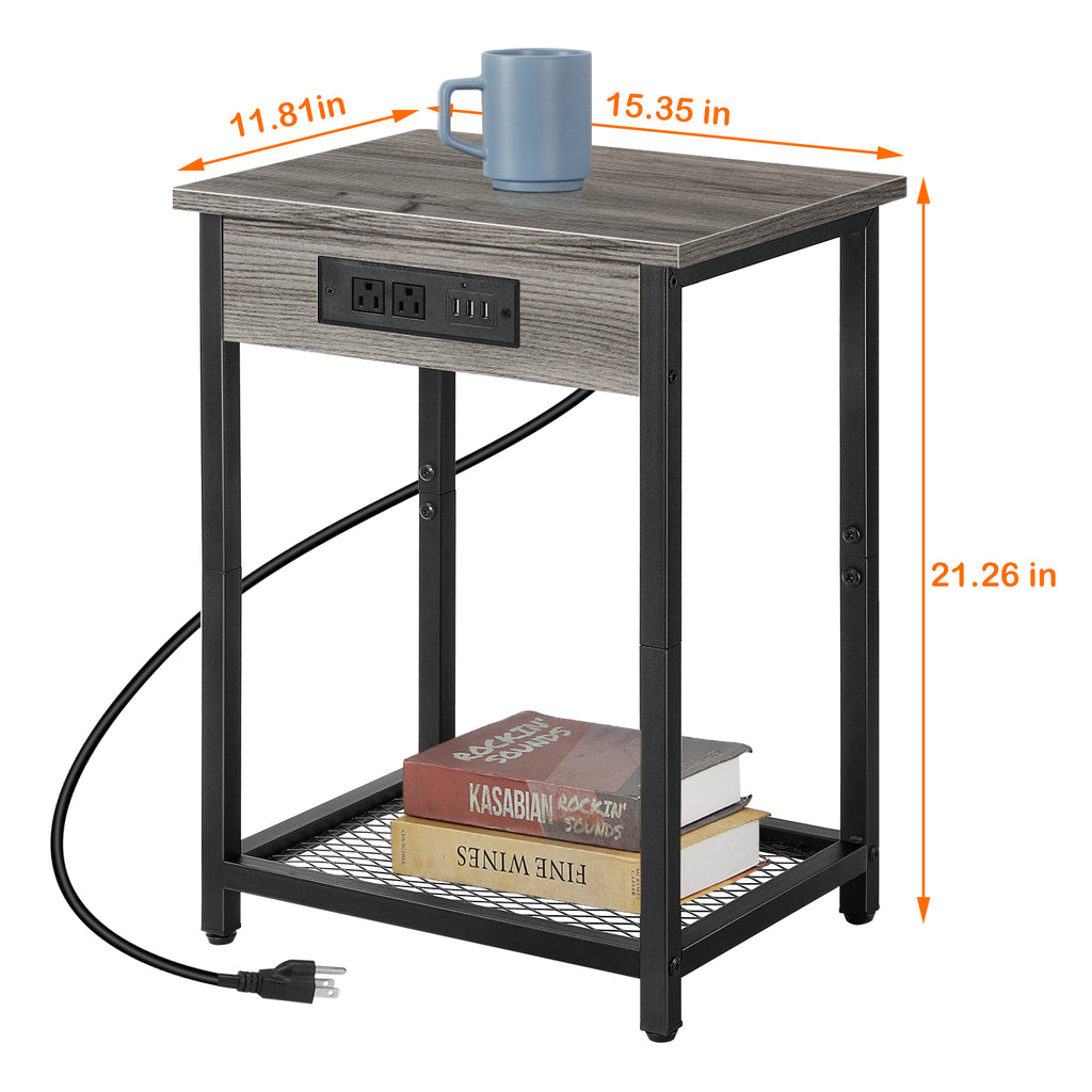 Set of 2 Nightstands with Charging Station - Side Tables with USB Ports & AC Outlets for Bedroom, Black,