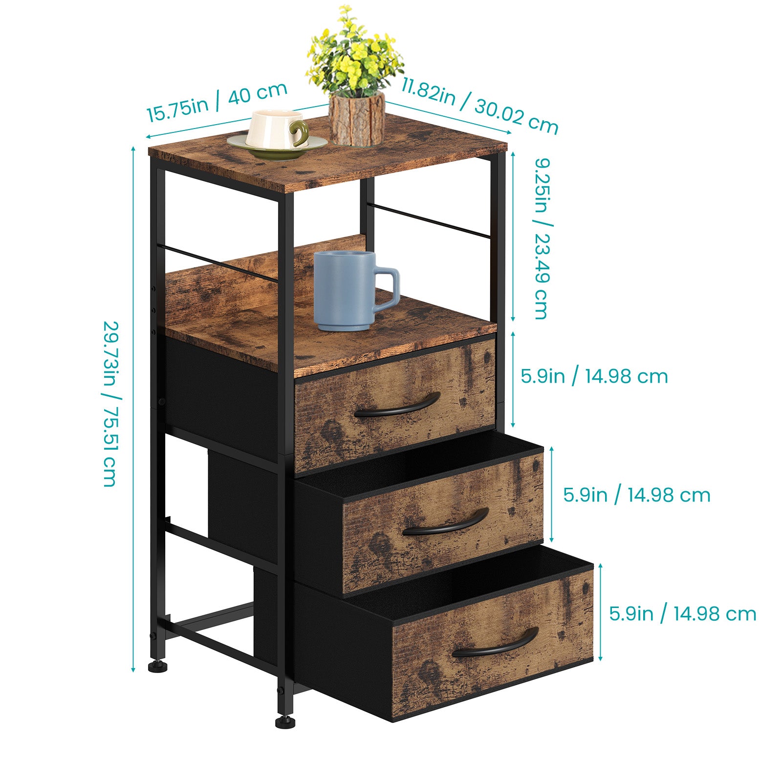 Bedside Table with Fabric Drawers - Industrial Nightstand for Bedroom & Dorm, Black/ Rustic Brown/White