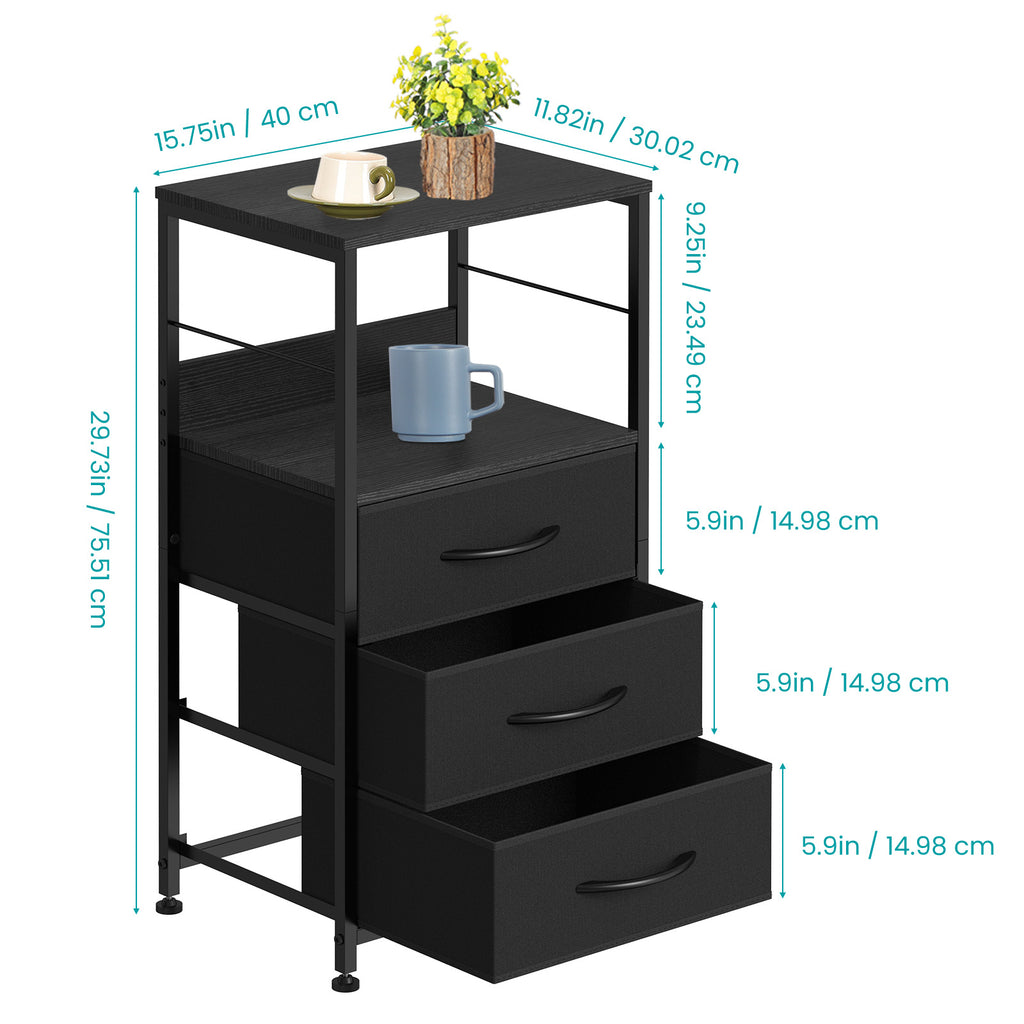 Bedside Table with Fabric Drawers - Industrial Nightstand for Bedroom & Dorm, Black/ Rustic Brown/White
