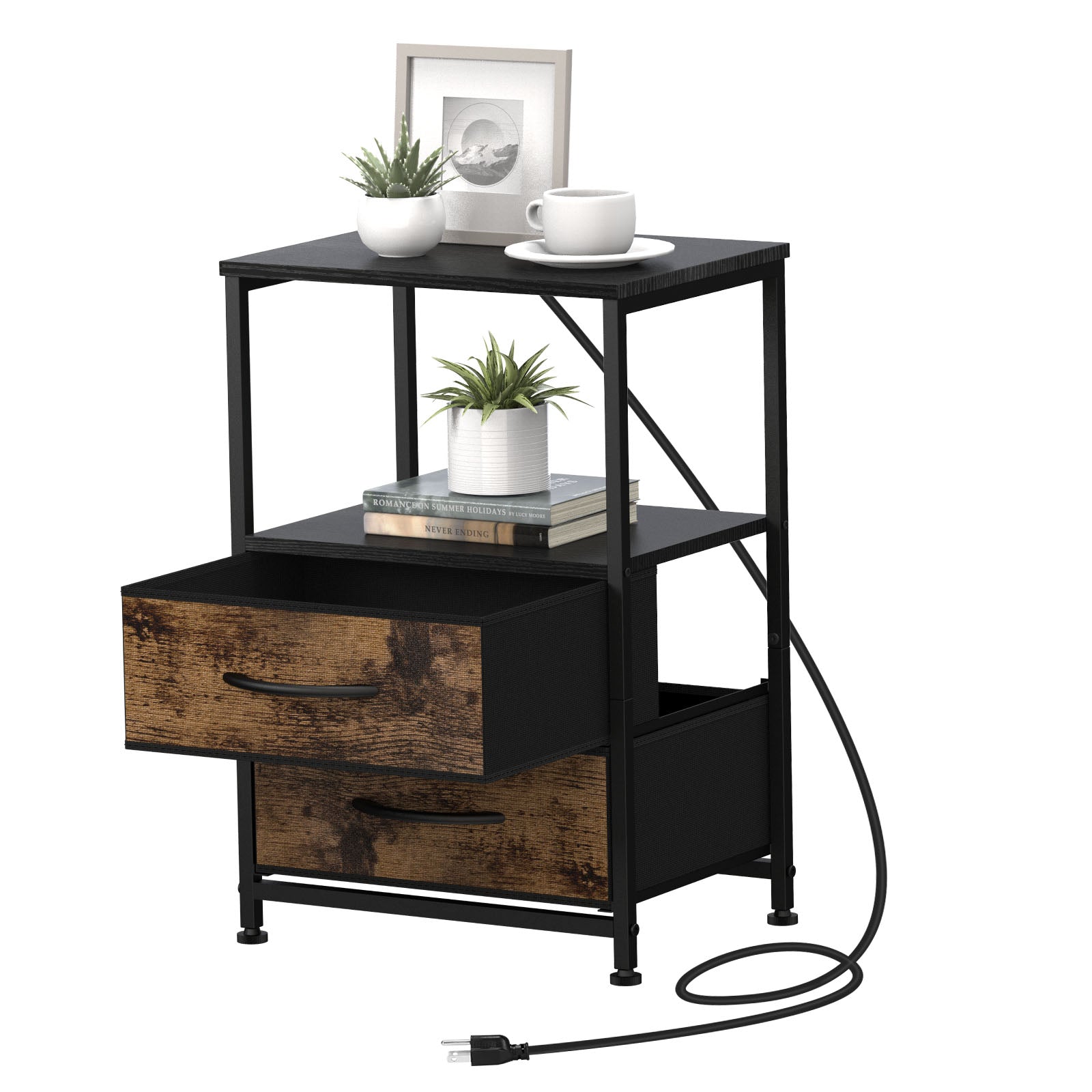 2-Pack Nightstands with USB Ports & Outlets -Black End Tables with Storage Drawers for Bedroom & Dorm