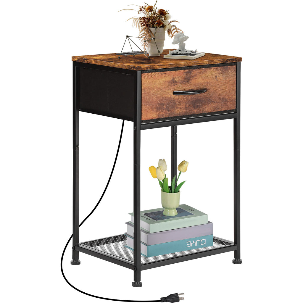 Set of 2 Farmhouse Nightstands with Charging Station, Rustic Brown Industrial End Tables with Fabric Drawer and Mesh Shelf for Bedroom, Living Room