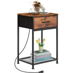 Set of 2 Farmhouse Nightstands with Charging Station, Rustic Brown Industrial End Tables with Fabric Drawer and Mesh Shelf for Bedroom, Living Room