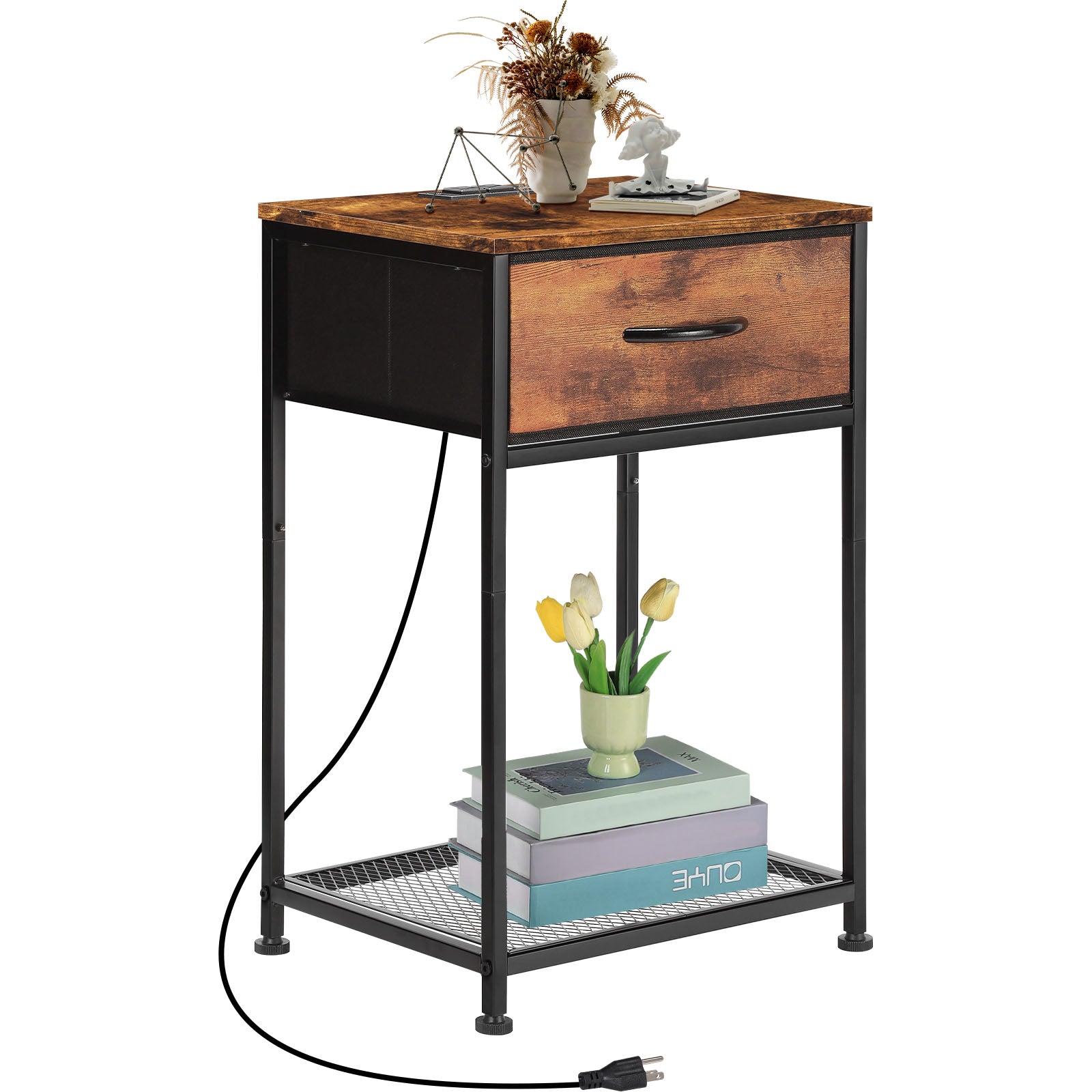 Set of 2 Farmhouse Nightstands with Charging Station, Rustic Brown Industrial End Tables with Fabric Drawer and Mesh Shelf for Bedroom, Living Room